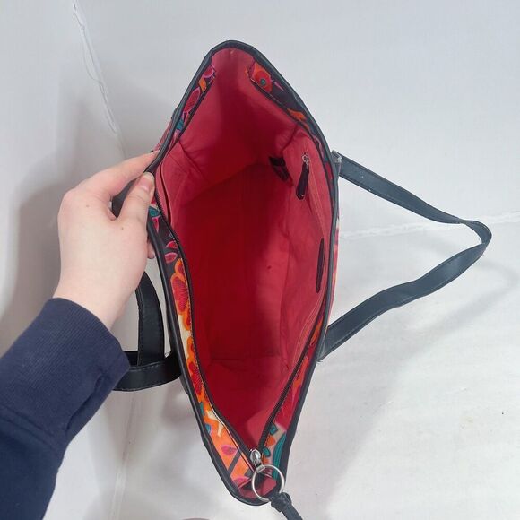 Fossil KeyPer Orange and Pink Flower Floral Tote Bag Black Leather Purse - Picture 4 of 11